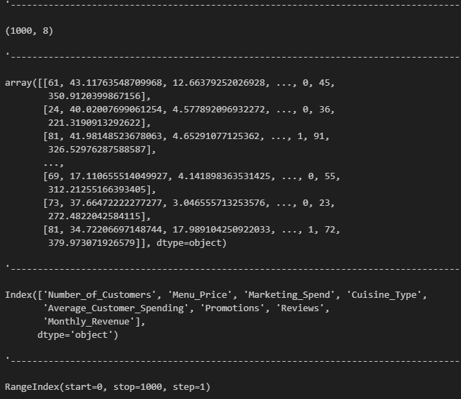 shape, values, columns, index attributes