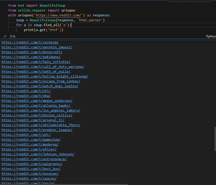 Code and Output of Scraping Reddit — Screenshot by author