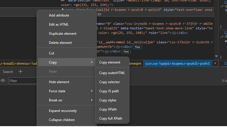 Copying XPath — Screenshot by author