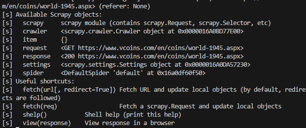 Scrapy shell — Screenshot by author